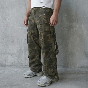 Customize Trousers Streetwear Casual Embroidery Cotton Wide Leg Camouflage Camo Carpenter Jogger Tactical Baggy Cargo Pants Men