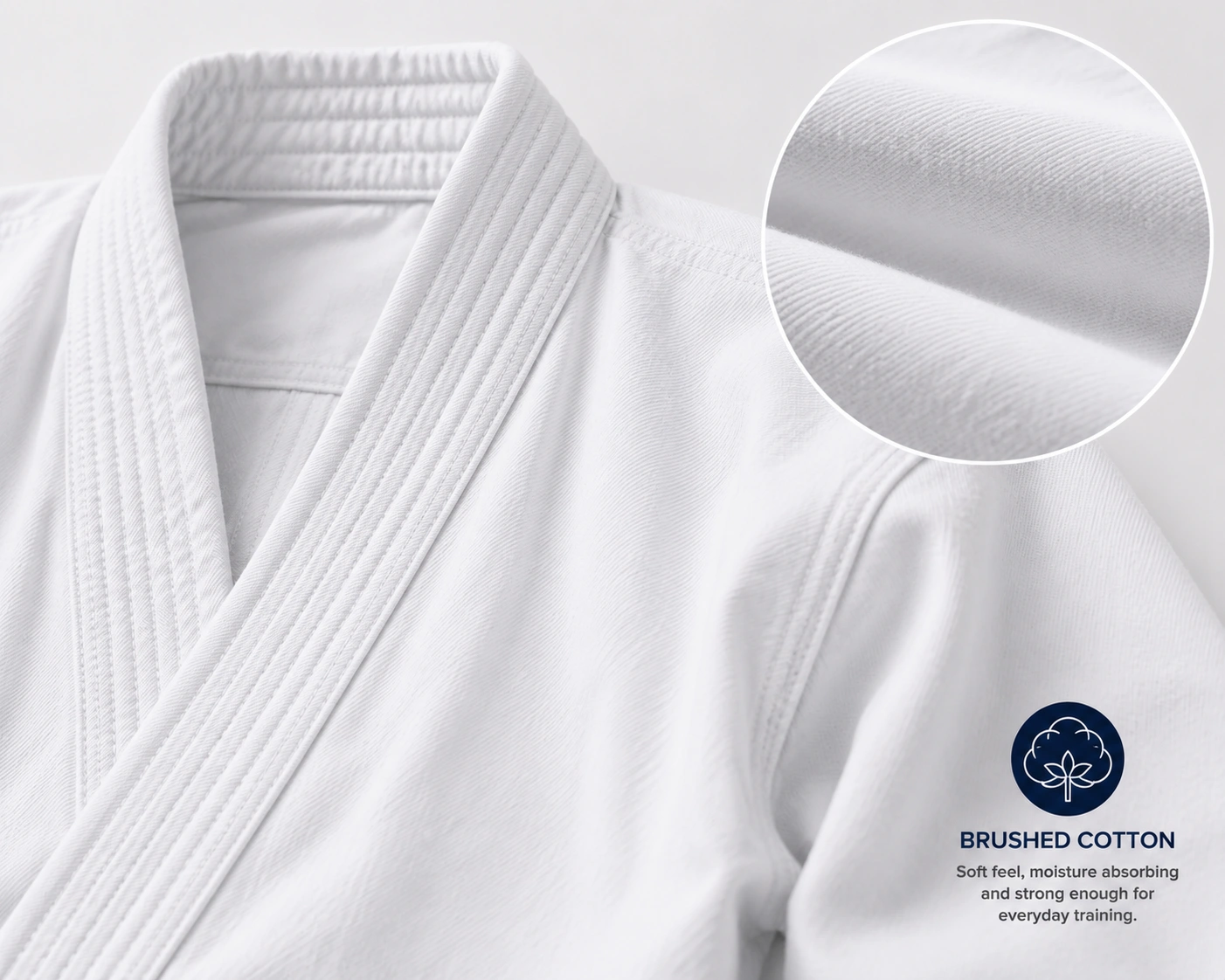Close-up of soft brushed cotton fabric on a white karate gi