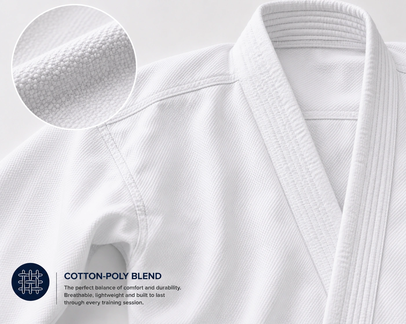 Close-up of white cotton-poly blend fabric on a karate gi