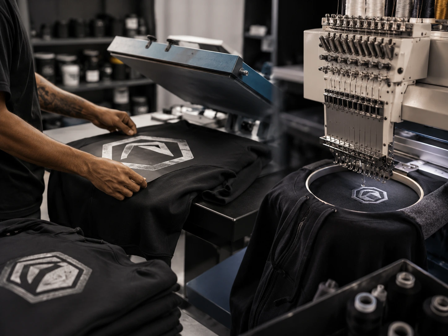 Screen printing a custom black hoodie at an apparel factory