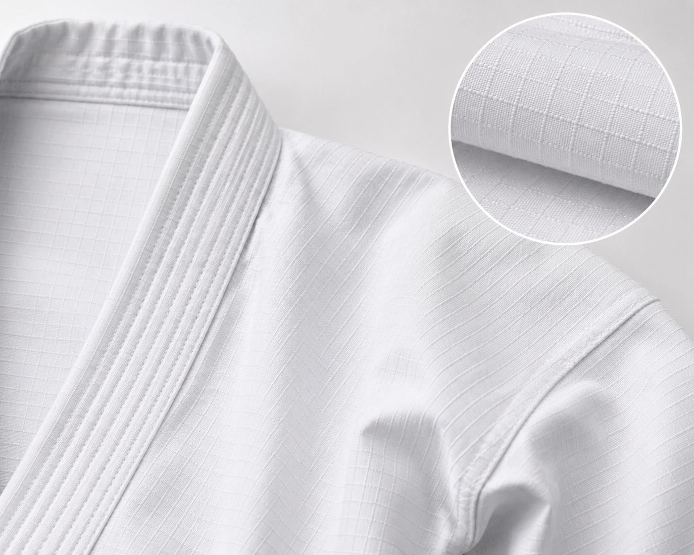 Close-up of white ripstop fabric on a karate gi
Close-up of white ripstop fabric on a karate gi