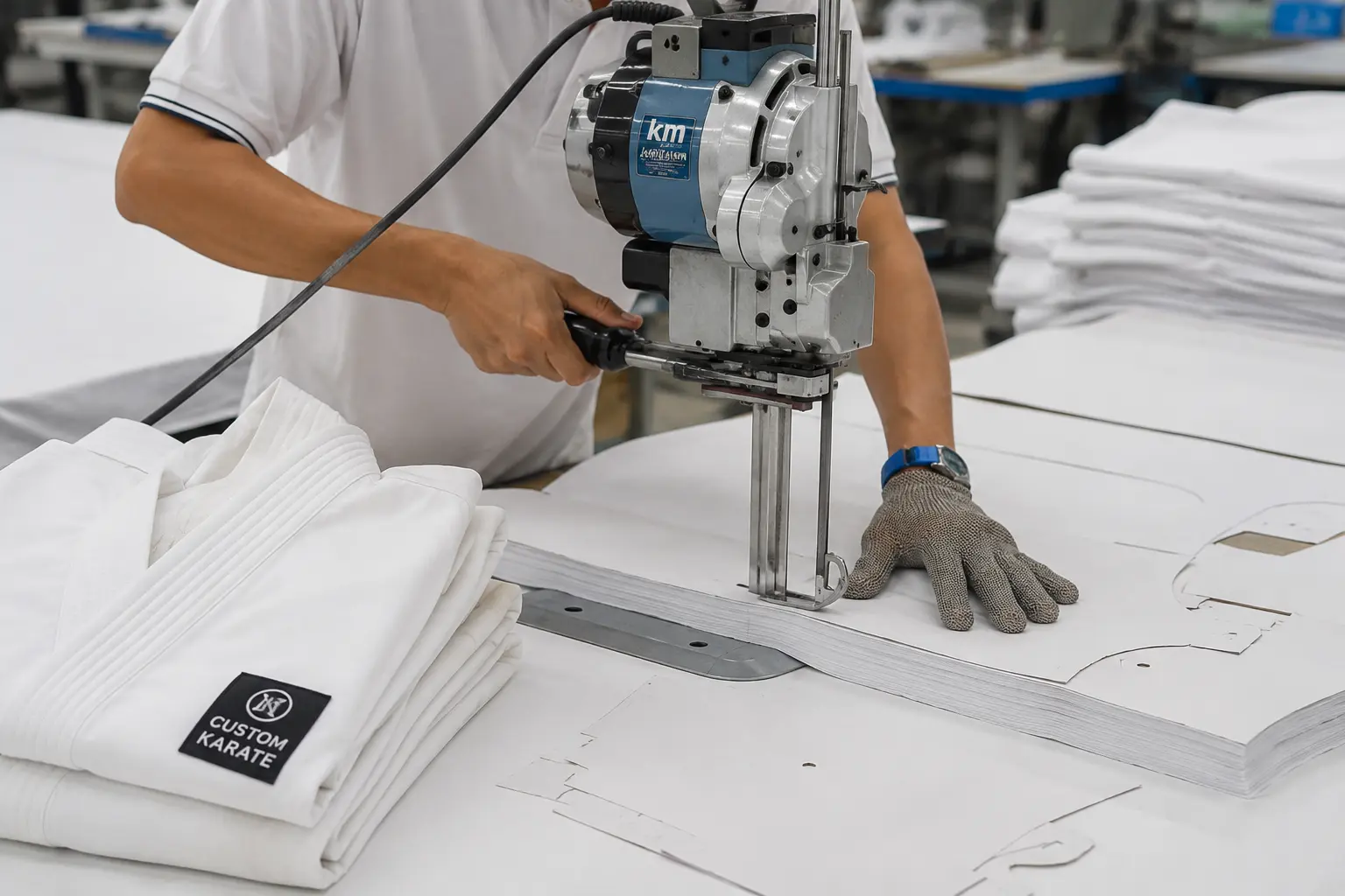 Worker cutting fabric panels for custom white karate uniforms