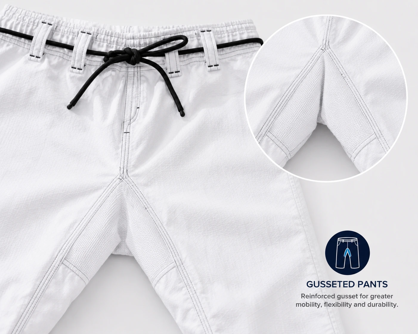White BJJ gi pants with a reinforced gusseted crotch