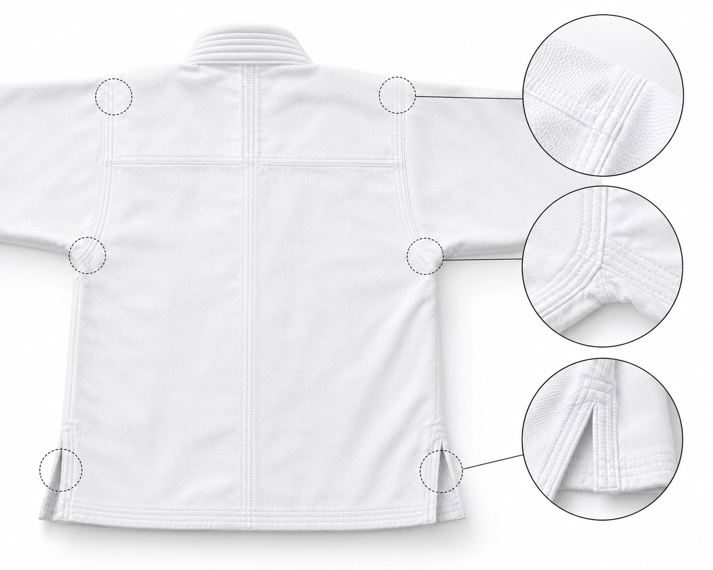 White karate gi with reinforced seams at key stress points